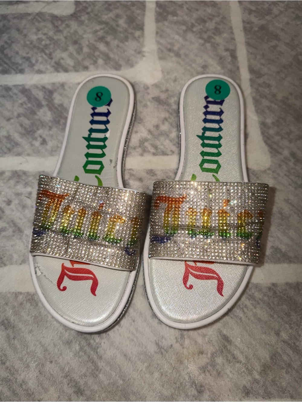 Juicy Couture White Slide Sandals with Rhinestone Rainbow Logo